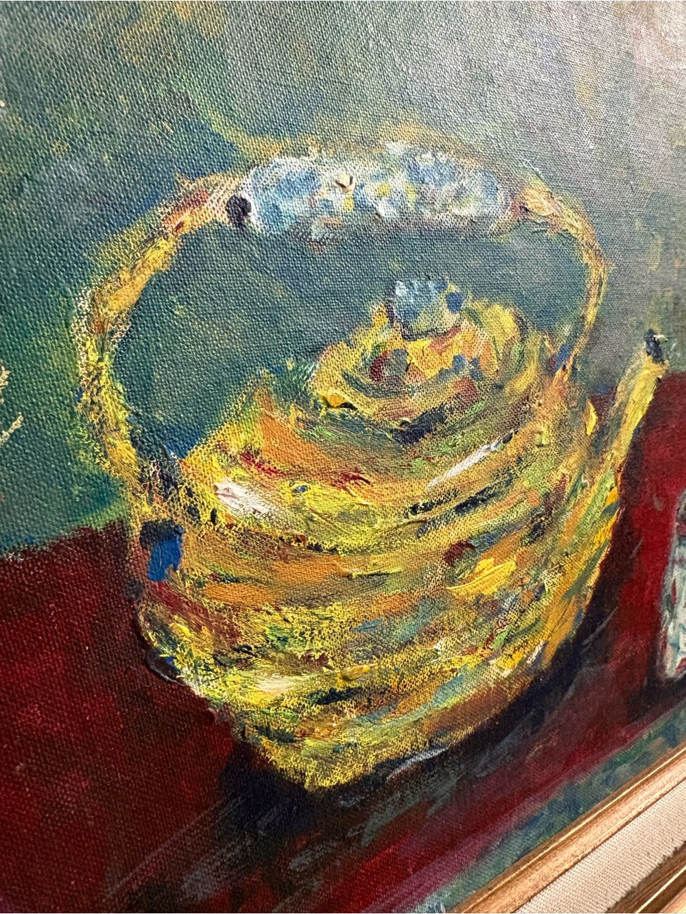 Vintage Teapot Still Life Abstract Oil Painting Framed Green & Gold Impasto VTG - Picture 8 of 14